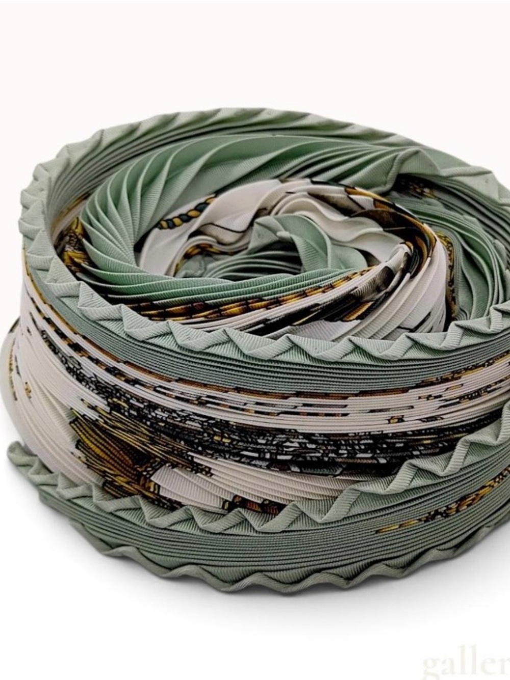 Hermes Pleated Scarf Ribbon in Sage Green, Cream, Gold and Black with box